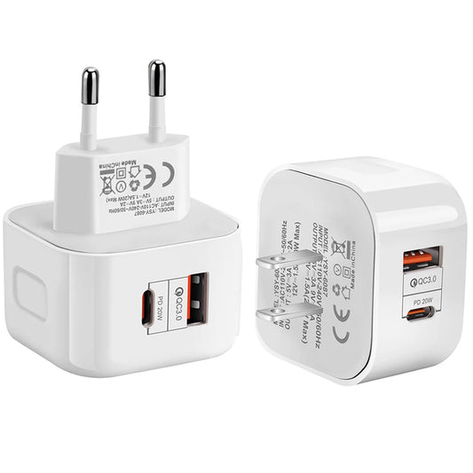 2 Port PD Plug 20W USB Type C QC3.0 Fast Charging Wall Charger