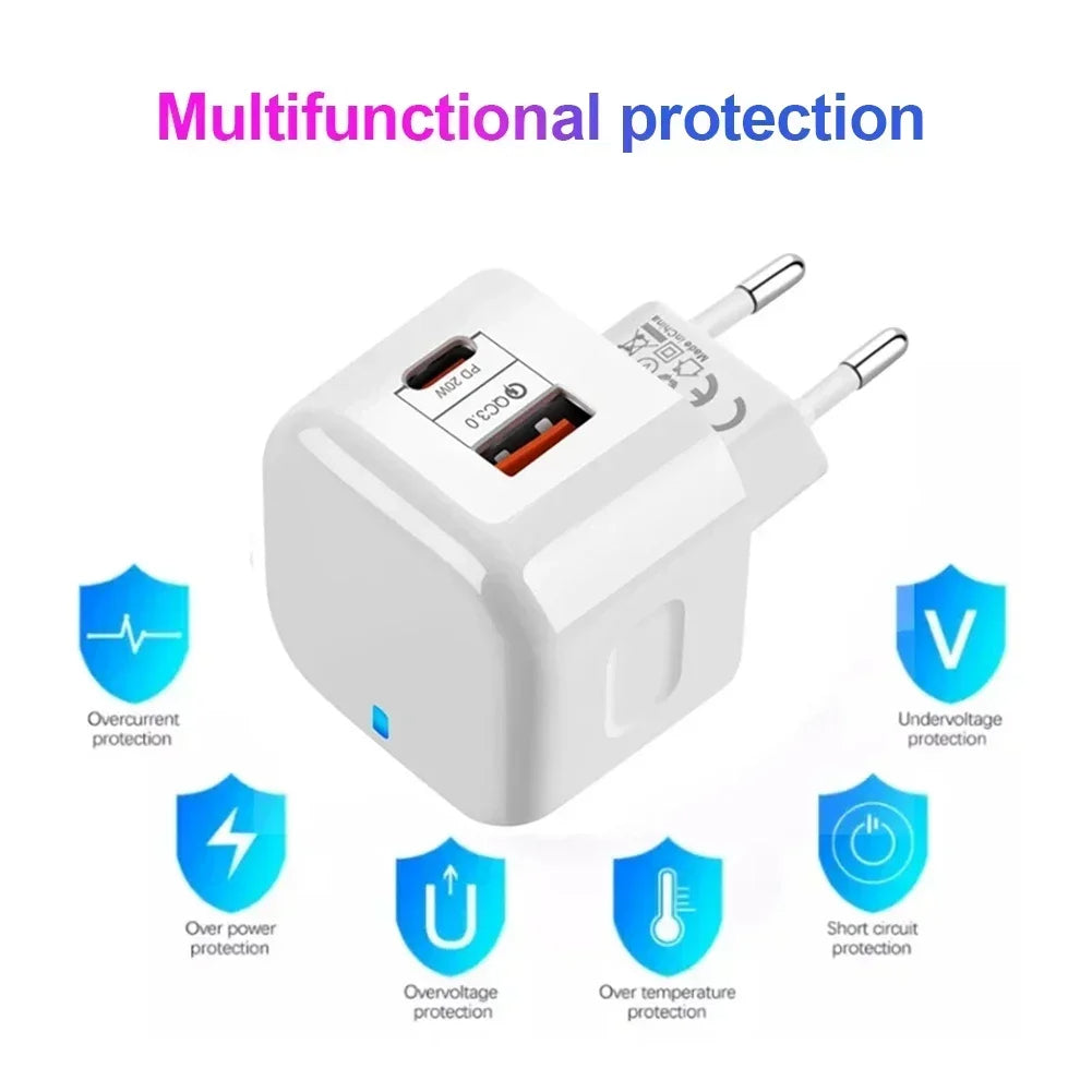 2 Port PD Plug 20W USB Type C QC3.0 Fast Charging Wall Charger