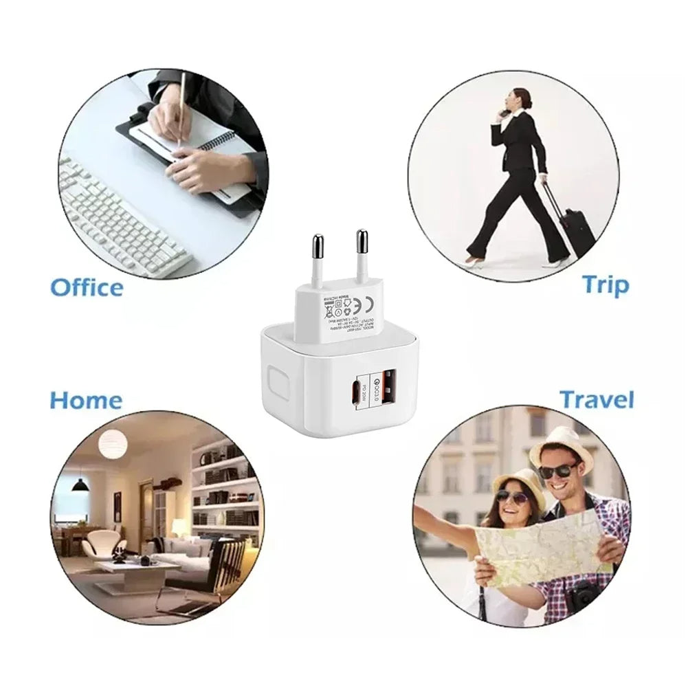2 Port PD Plug 20W USB Type C QC3.0 Fast Charging Wall Charger