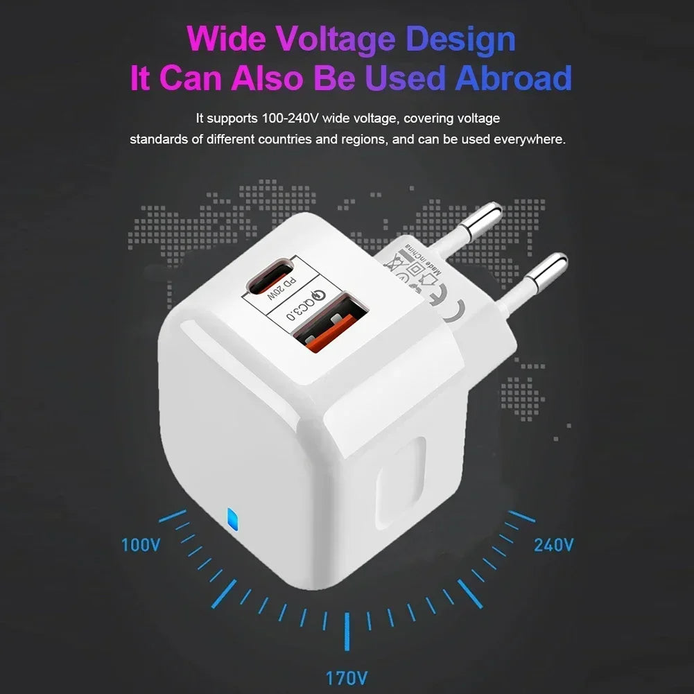 2 Port PD Plug 20W USB Type C QC3.0 Fast Charging Wall Charger
