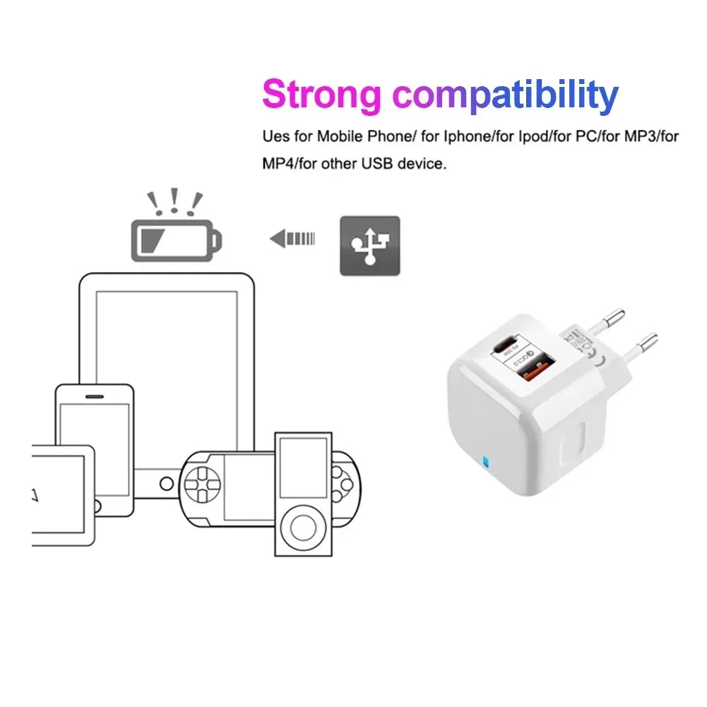 2 Port PD Plug 20W USB Type C QC3.0 Fast Charging Wall Charger